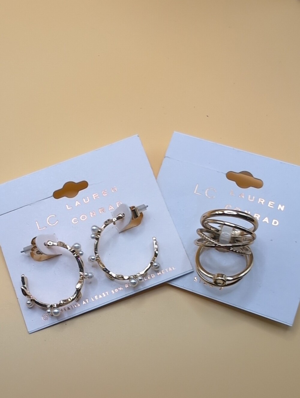 LC Lauren Conrad Gold Tone Beaded Hoop Earrings with Stacked Gold Tone Rings